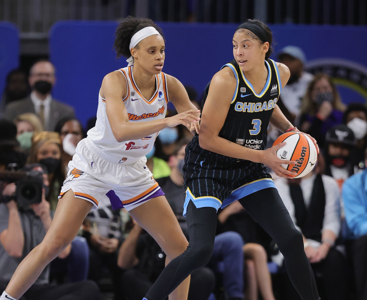 The Sky's Candace Parker, who scored 13 points, posts up the Mercury's Brianna Turner.