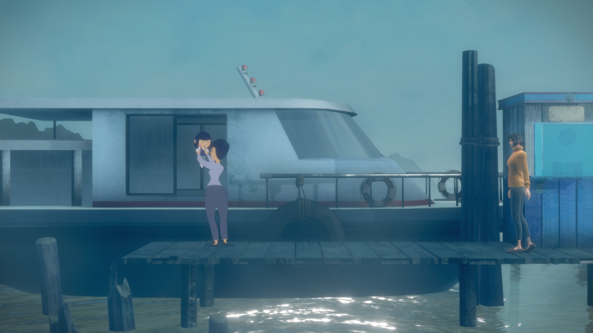 A video game character walks down a dock and looks at a cartoonish mother and daughter.