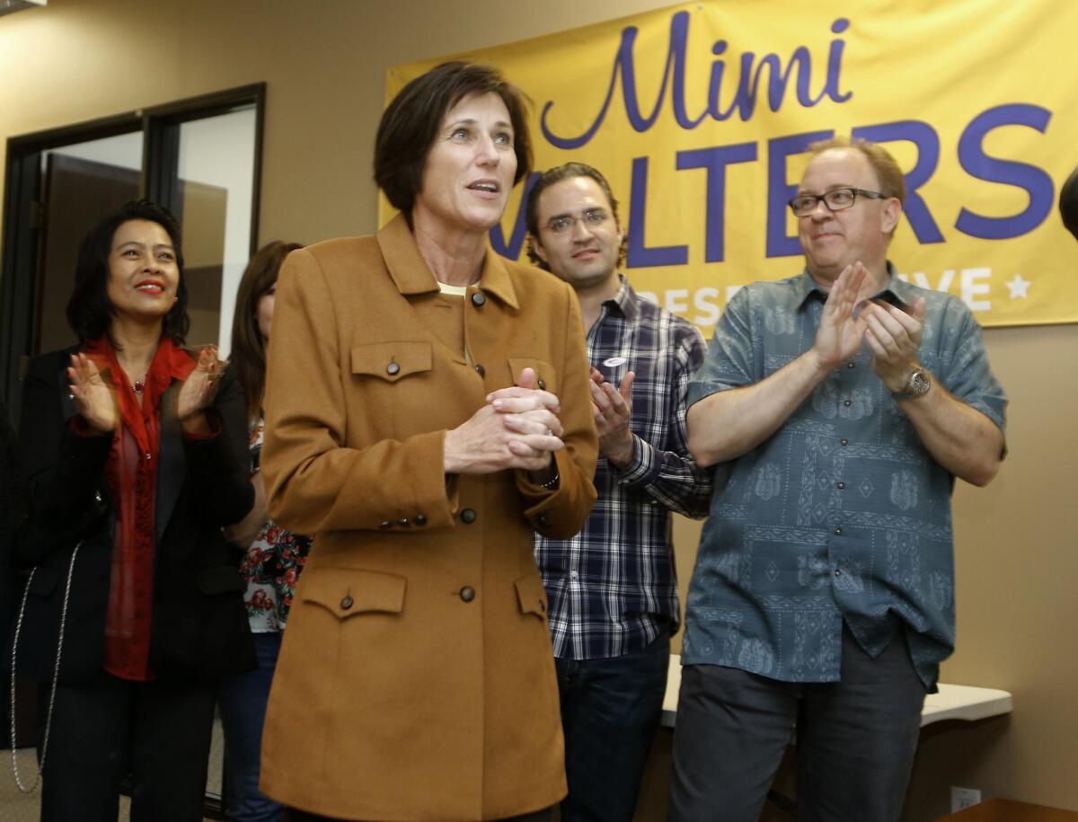 Rep. Mimi Walters thanks all of her supporters as she watches election results in Irvine, Calif., Wednesday, Nov. 7, 2018.