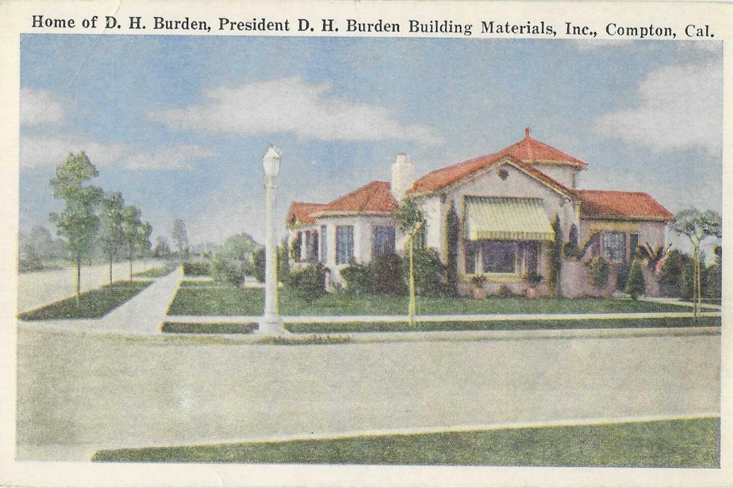 A postcard shows a Compton home with red-tiled roof and an awning over the front window.