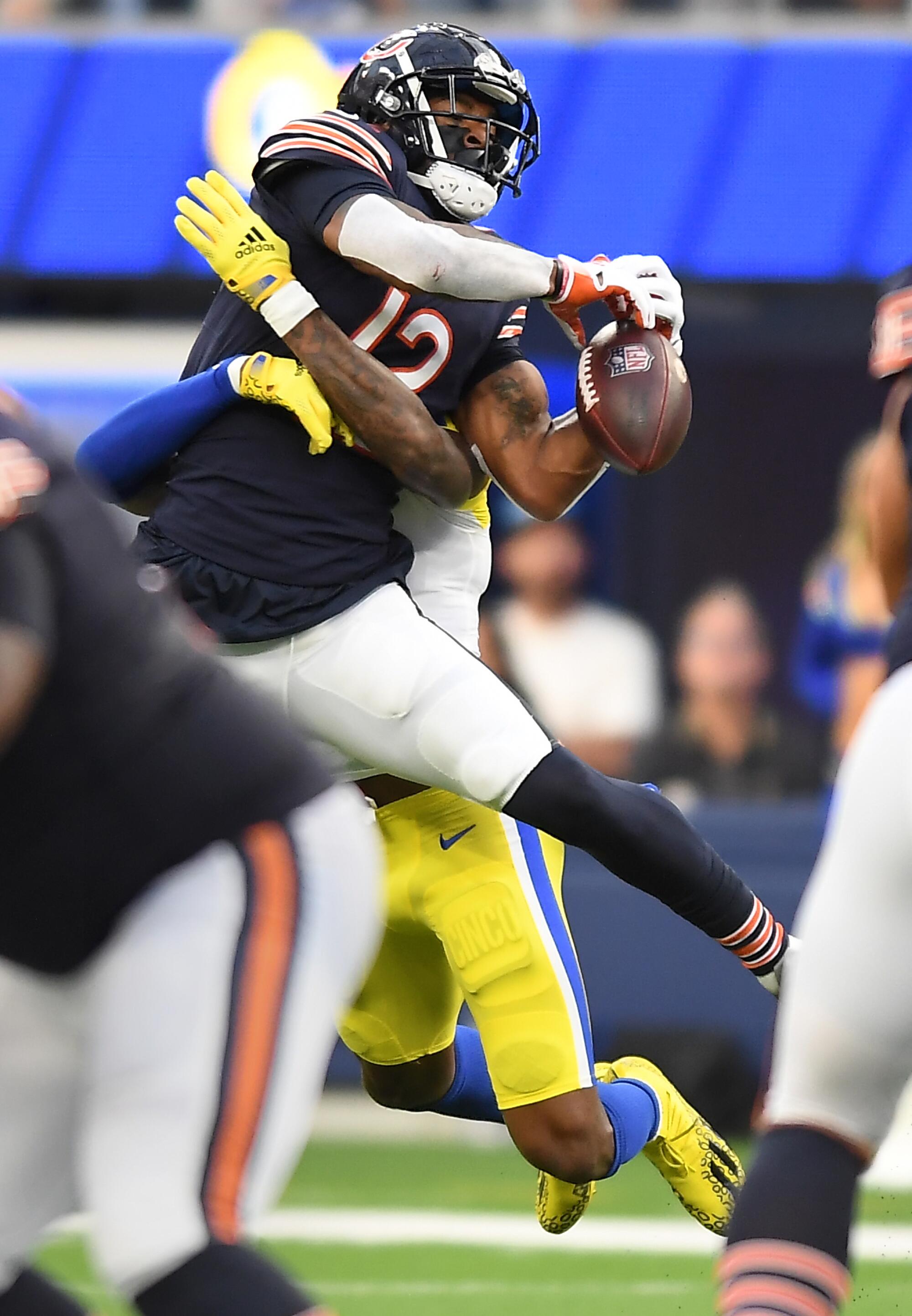 Los Angeles Rams defensive back Jalen Ramsey prevents Chicago Bears wide receiver Allen Robinson from catching the ball