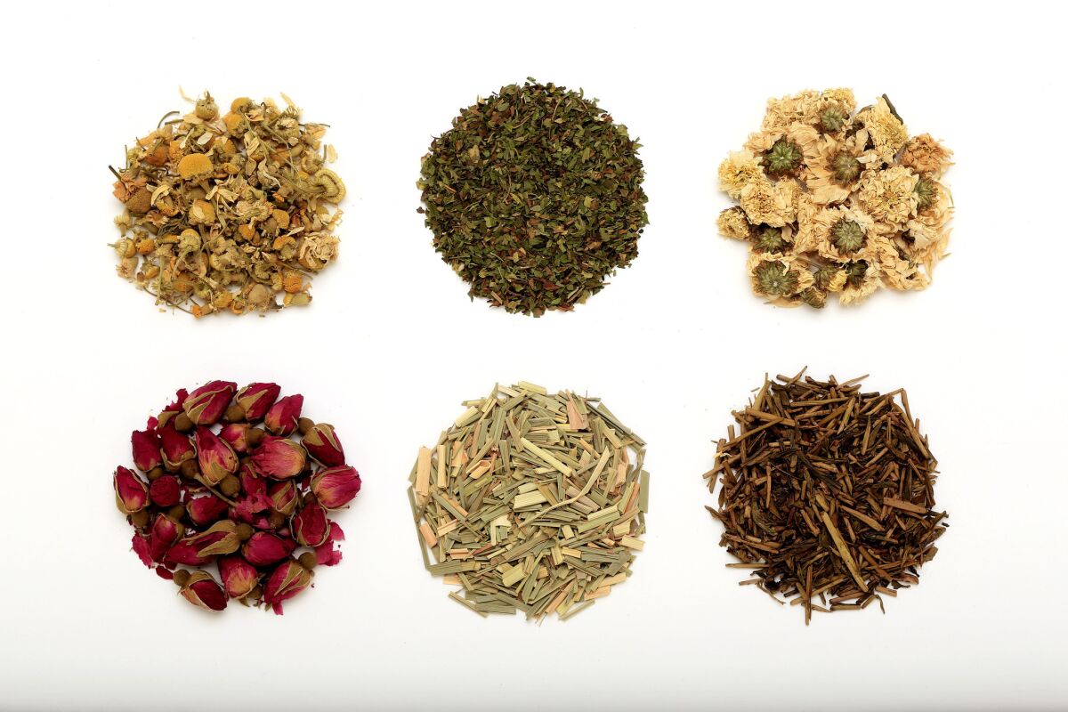 A variety of teas are sold to aid in digestion and promote blood circulation, but there are still myths surrounding the drink. From top left: Chamomile, Peppermint, Chrysanthemum, Japanese Green Tea, Lemongrass and Red Rose.