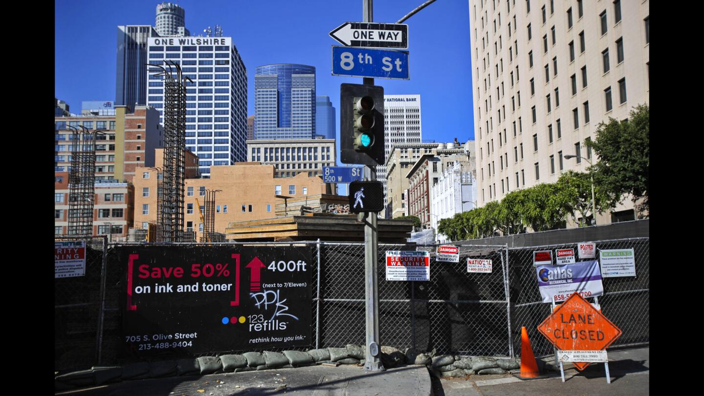 The South Park area of downtown Los Angeles is awash with construction, resulting in at least many sidewalks being closed to pedestrians.