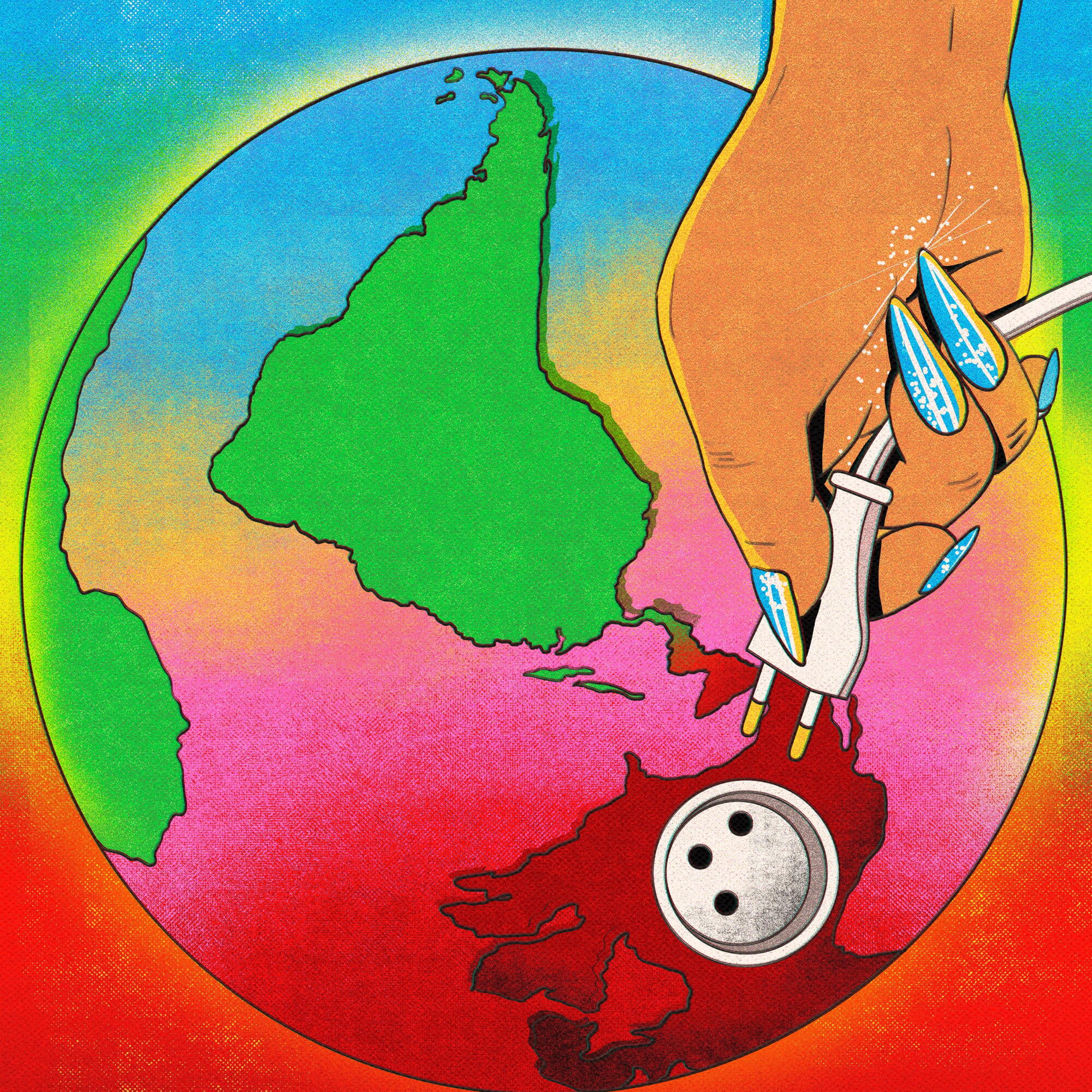 Illustration of a giant hand plugging an electrical plug into a multicolored Earth
