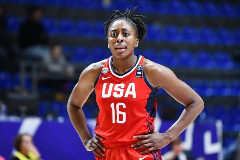 BELGRADE, SERBIA - FEBRUARY 08: Nneka Ogwumike of USA reacts during the FIBA Women's Olympic Qualifying Tournament 2020 Group A match between Mozambique and USA at Aleksandar Nikolic Hall on February 8, 2020 in Belgrade, Serbia. (Photo by Srdjan Stevanovic/Getty Images)