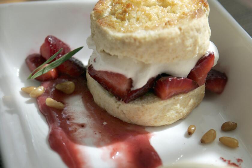 Craft restaurant in Century City offers a HONEY SHORTCAKES with strawberries and creme fraiche and HONEY PINE NUT GELATO, a creation of pastry chef, Catherine Schimenti.