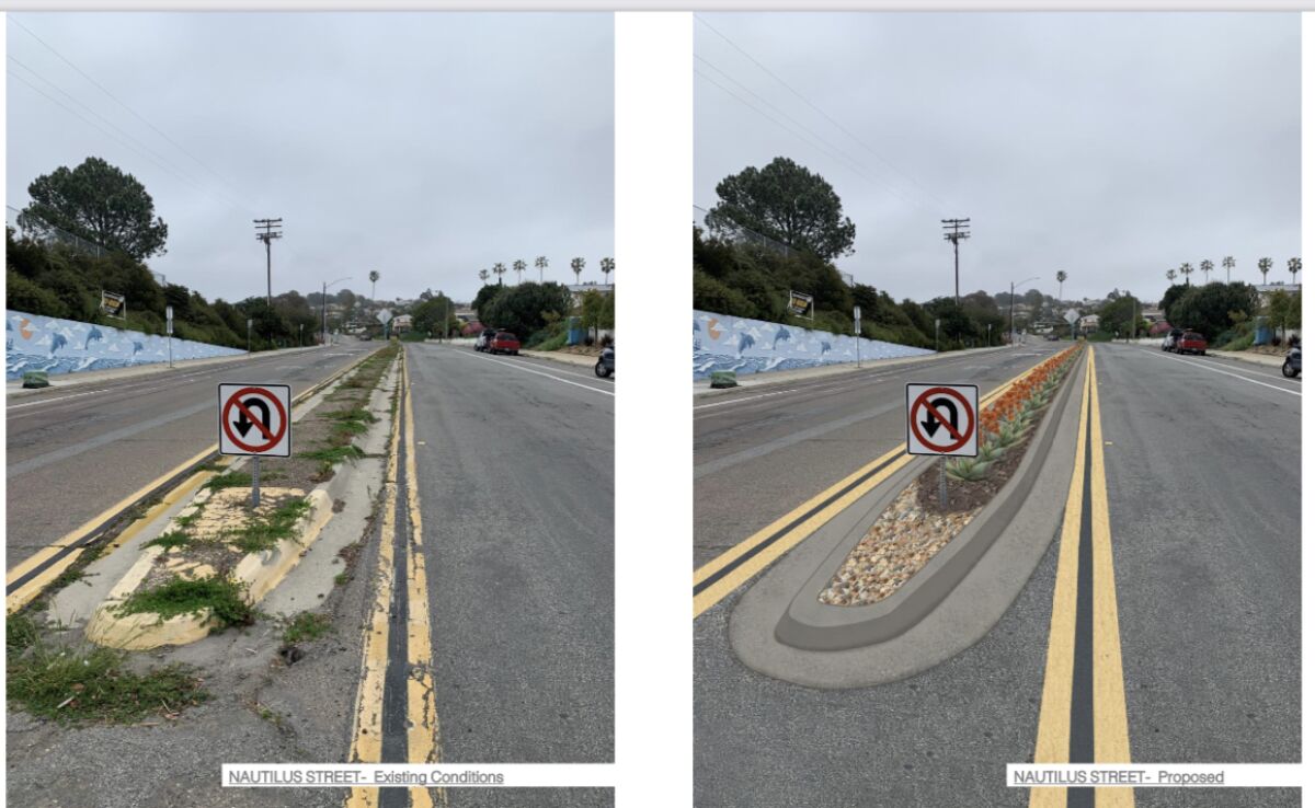 A rendering of local architect Trace Wilson's proposed improvements to medians on Nautilus Street (right).