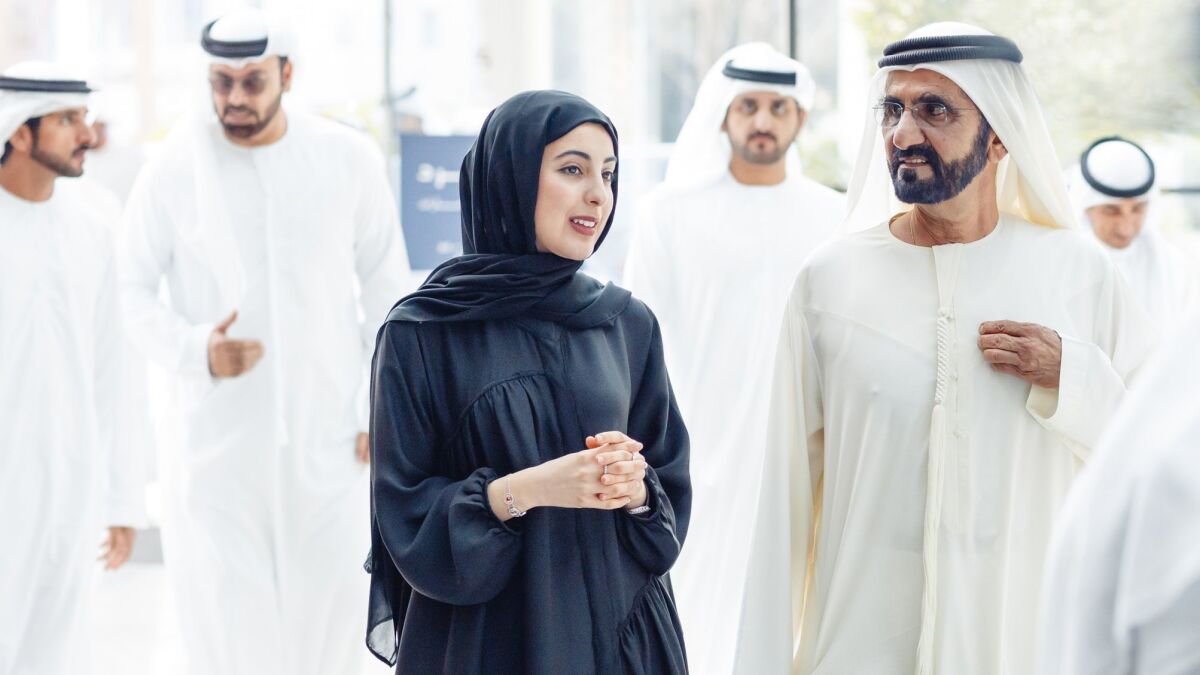 Shamma bint Suhail Faris Mazrui, United Arab Emirates' minister of state for youth affairs, is shown with Sheikh Mohammed bin Rashid Maktoum, the country's vice president, prime minister and the ruler of Dubai.