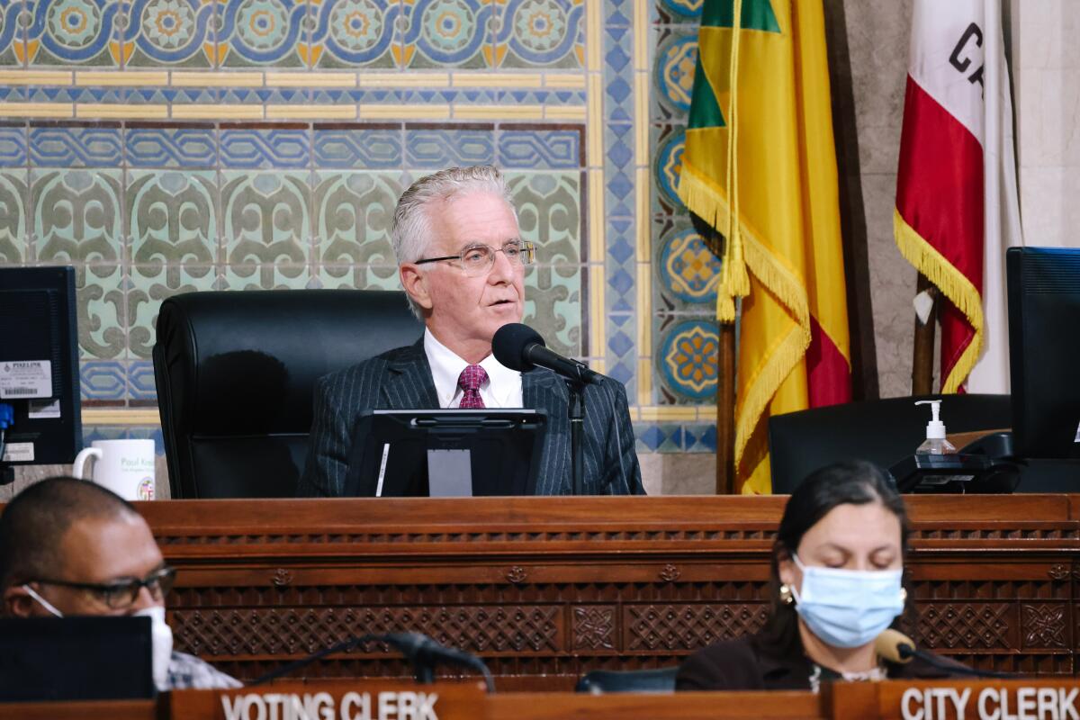 L.A. City Council President Paul Krekorian speaks during Tuesday's council meeting at City Hall.