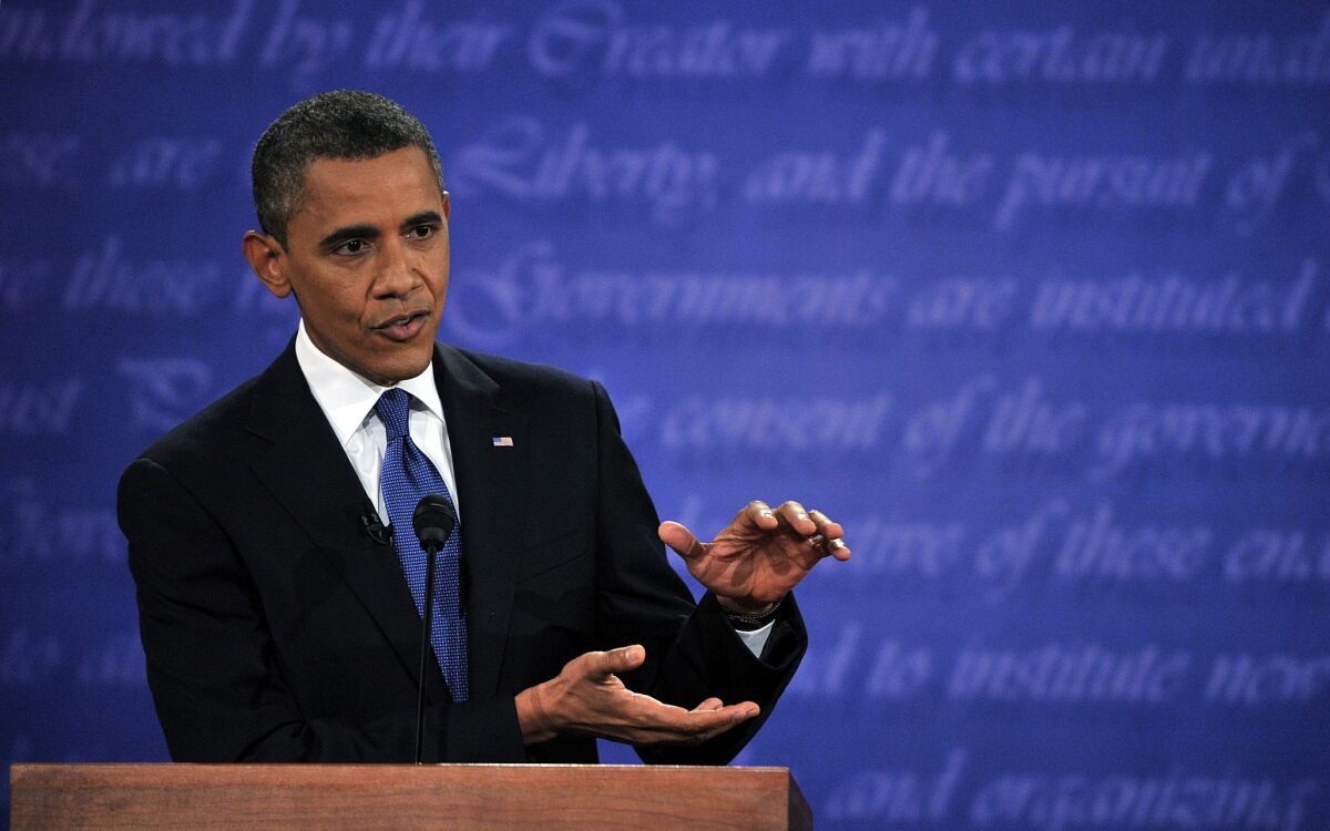 President Obama speaks during his debate with Mitt Romney at the University of Denver.