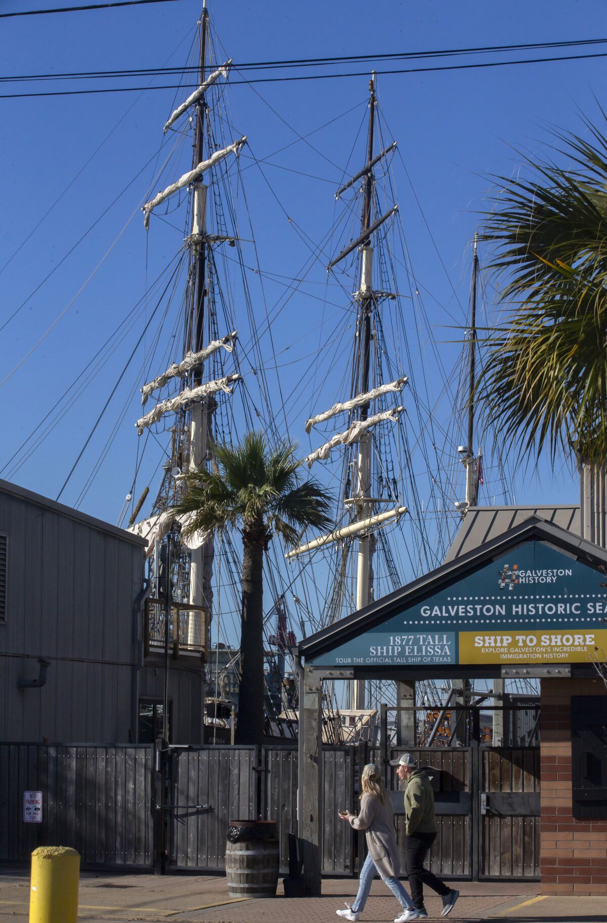 The masts of the 1877 tall ship Elissa rise behind the gates of the Galveston Historic Seaport on Saturday, Feb. 5, 2022. A woman fell to her death from a mast on the historic ship that's featured at a museum after her safety harness somehow came unclipped, police said. (Stuart Villanueva/The Galveston County Daily News via AP)