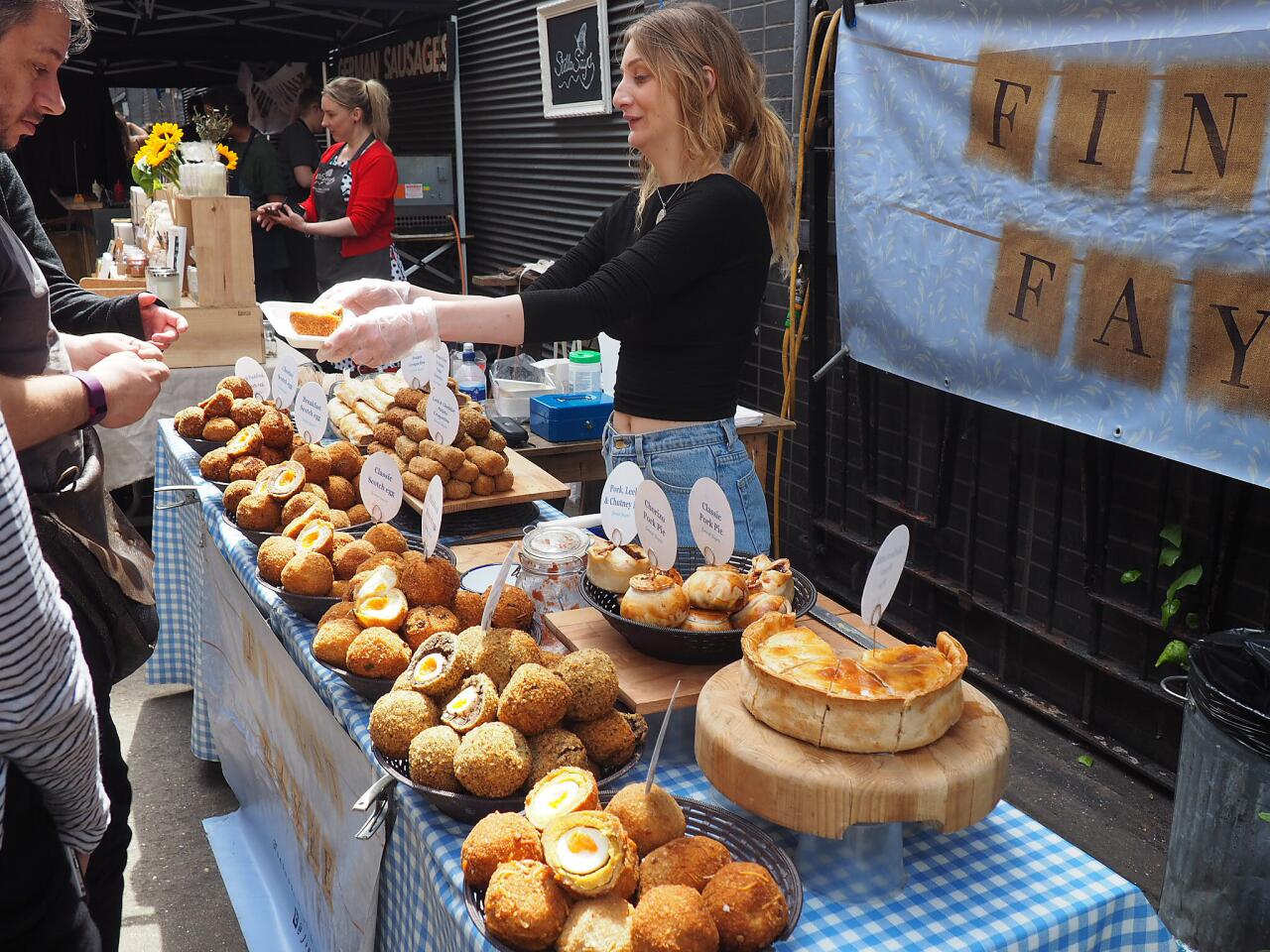 A display of Scotch eggs from Finest Fayre at Maltby Street Market in London.