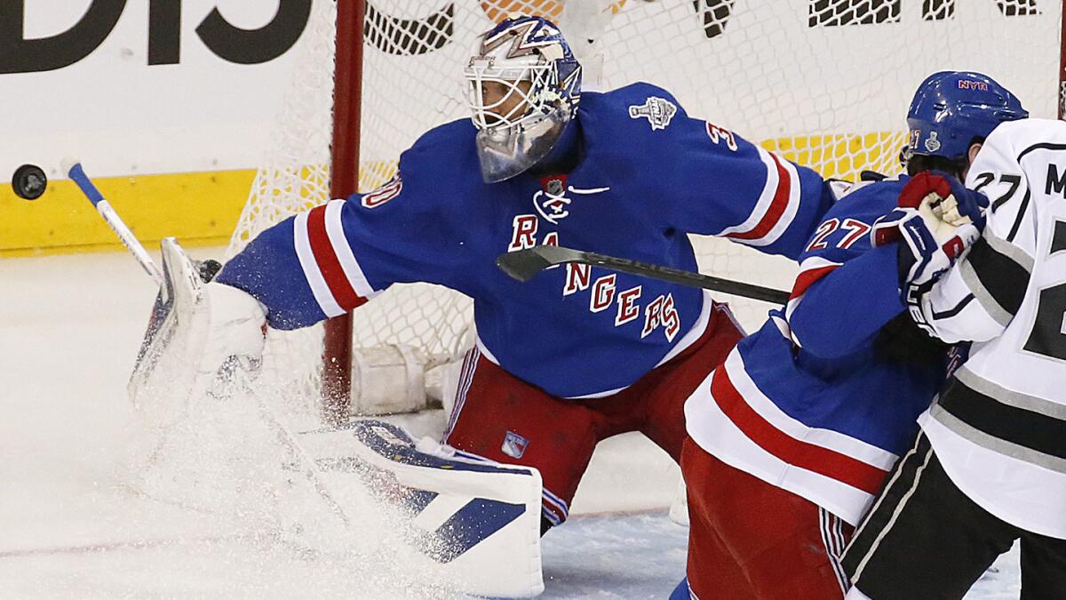 New York Rangers goalie Henrik Lundqvist makes a save on a shot by Kings center Anze Kopitar (not pictured) during the first period of Game 3 of the Stanley Cup Final on Monday. Lundqvist lamented the Rangers' bad luck after the loss.