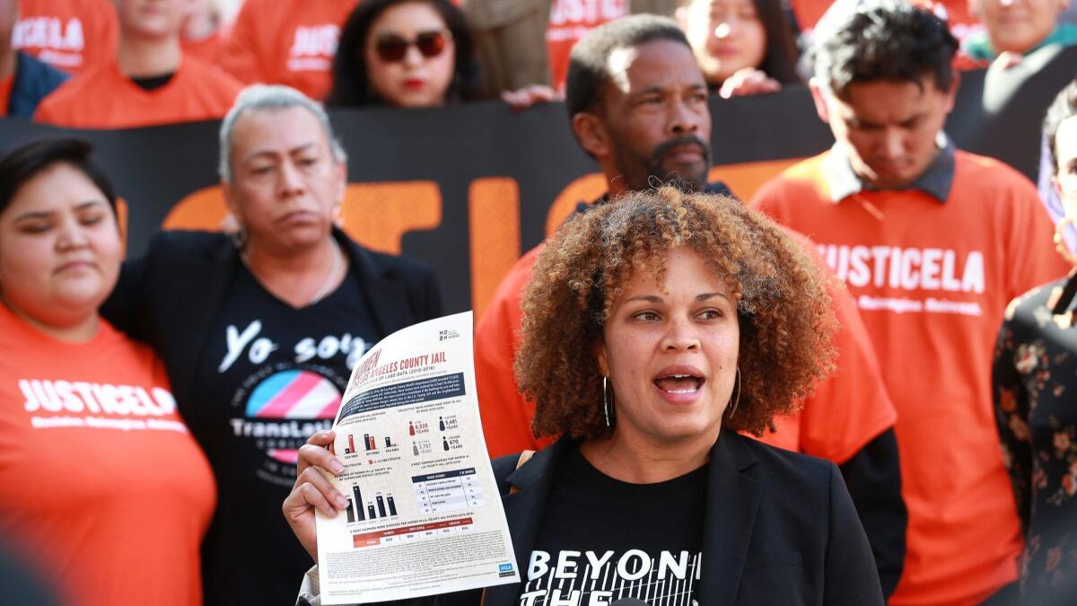 Danielle Dupuy, co-director of the Million Dollar Hoods Project, spoke at a rally and press conference outside the Hall of Administration against a controversial plan to create a new women's jail in Lancaster.