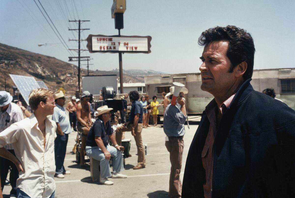  James Garner (right) with "The Rockford Files" filming crew at Paradise Cove.