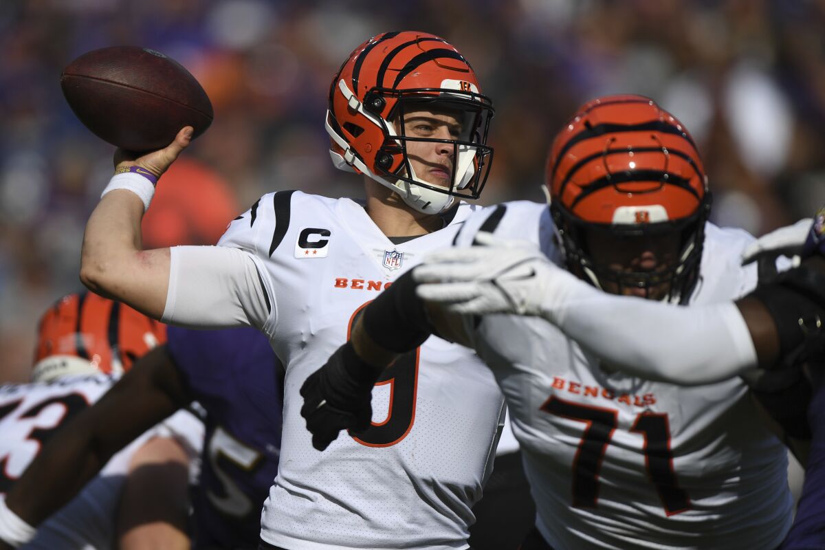 Cincinnati Bengals quarterback Joe Burrow throws against the Baltimore Ravens on Sunday.