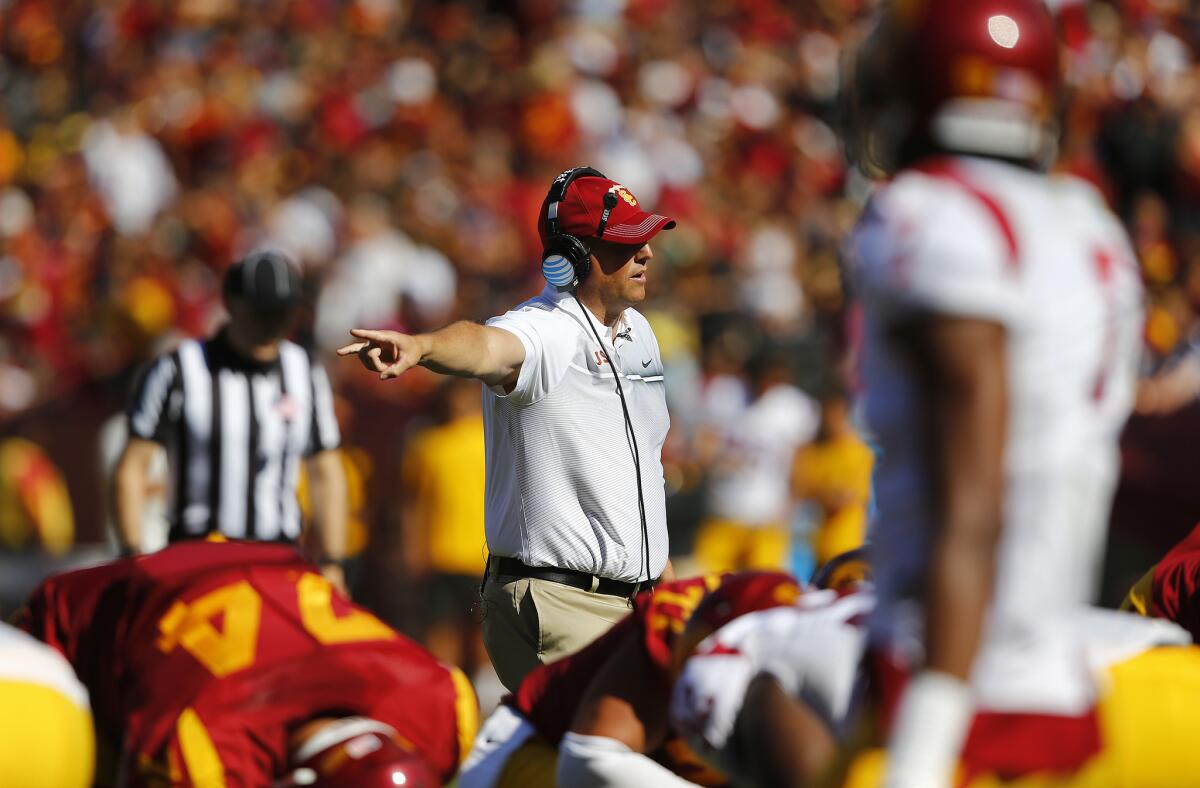 Coach Clay Helton and the USC Trojans open the 2016 season against defending national champion Alabama.