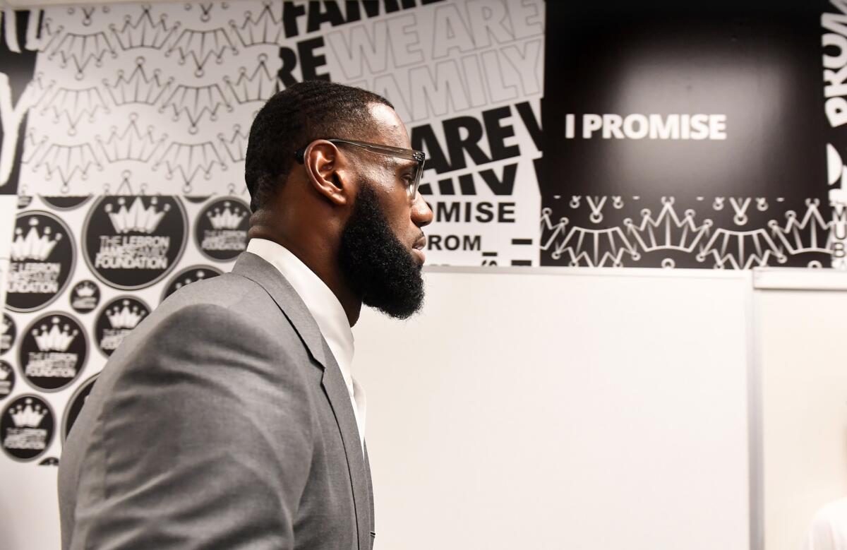 LeBron James prepares for a news conference at the I Promise School in Akron, Ohio, in 2018.