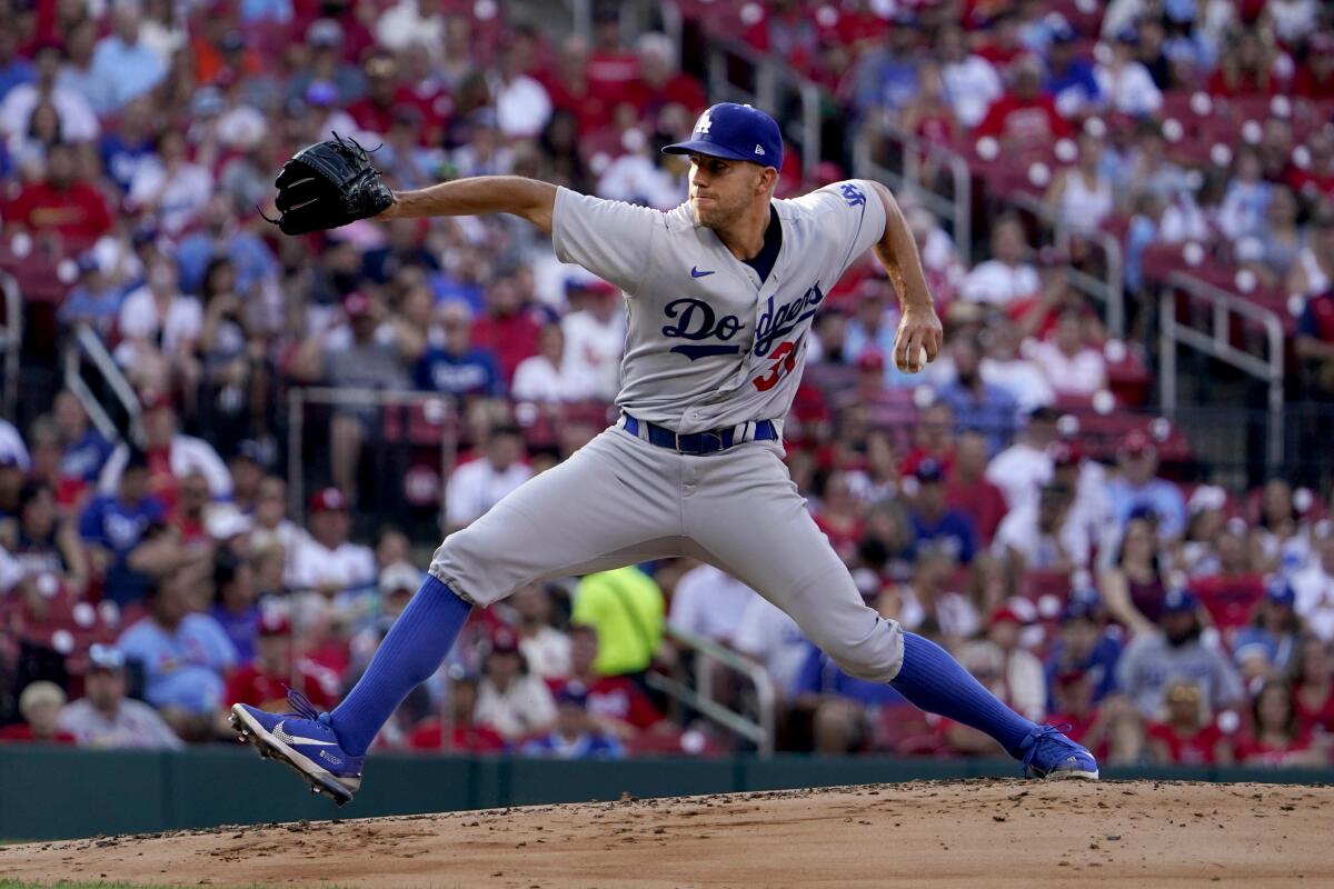 Los Angeles Dodgers starting pitcher Tyler Anderson throws during the first inning of a baseball game against the St. Louis Cardinals Thursday, July 14, 2022, in St. Louis. (AP Photo/Jeff Roberson)