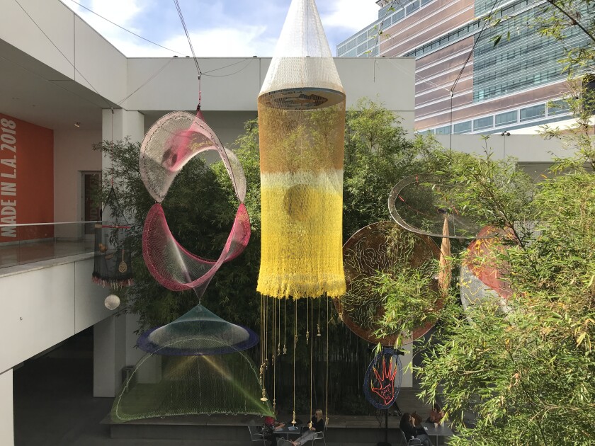 Carolina Caycedo's "Cosmotorrayas," sculptures made from fishing nets, at the Hammer Museum in 2018 as part of "Made in L.A."