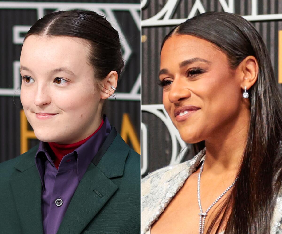 Separate photos of Bella Ramsey and Ariana DeBose arriving at the Emmy Awards in 2024