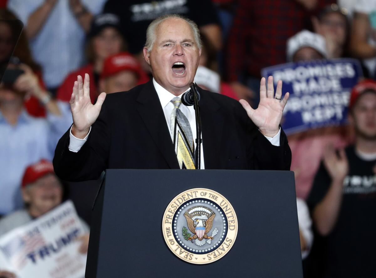 Rush Limbaugh introducing President Trump at a rally in Cape Girardeau, Mo.