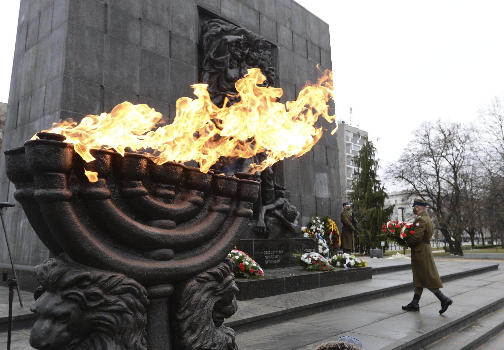 A wreath is laid at the Monument to the Ghetto Heroes  in Warsaw.