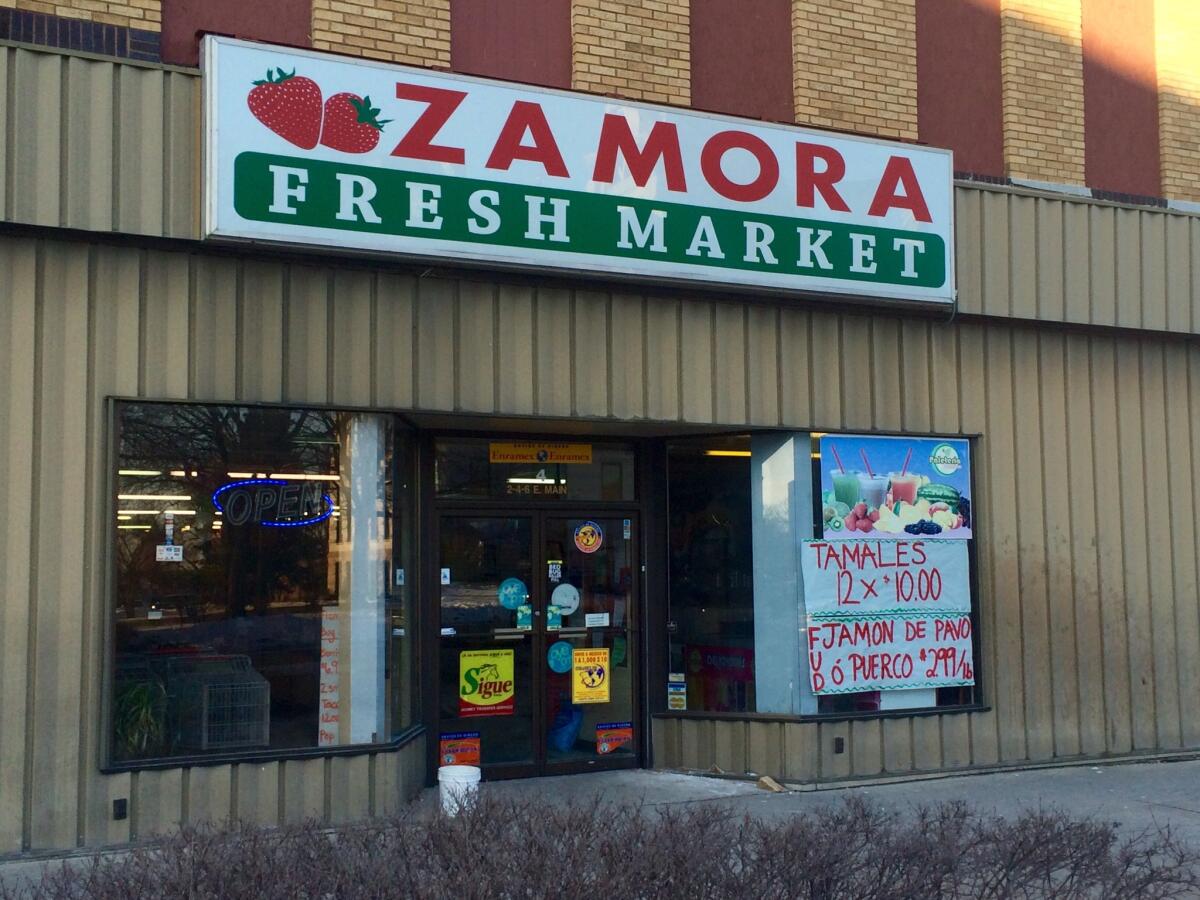 Zamora supermarket, across from the town square on Marshalltown's Main Street, has become a hub of the community's burgeoning Latino community.