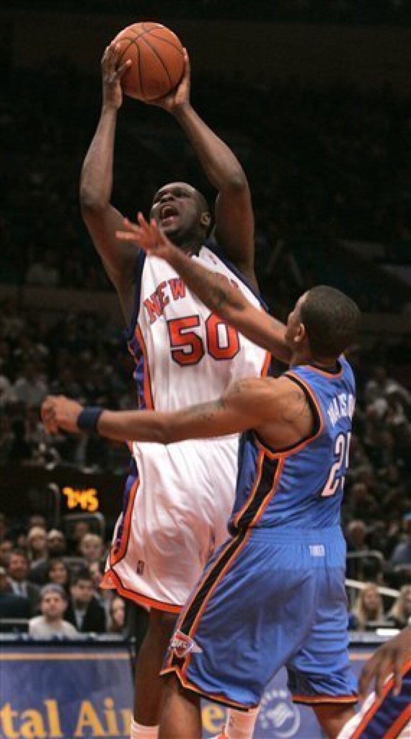 New York Knicks' Zach Randolph (50) shoots over Oklahoma City Thunder's Earl Watson (25) during the first half of an NBA basketball game Friday, Nov. 14, 2008 at Madison Square Garden in New York. Randolph scored 20 points as the Knicks won 116-106. (AP Photo/Frank Franklin II)