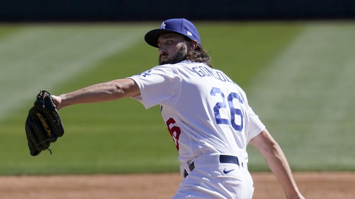 Dodgers pitcher Tony Gonsolin throws in a spring training game against the Colorado Rockies.