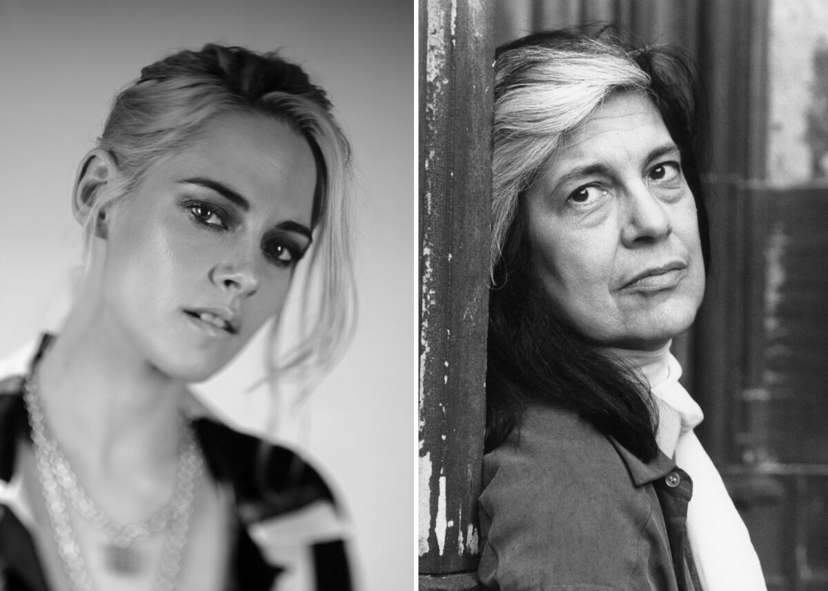 A black-and-white split-screen image with a younger woman on the left and an older woman on the right.