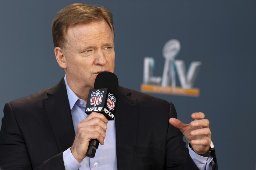 NFL commissioner Roger Goodell speaks at a press conference ahead of Super Bowl LV, Thursday, Feb. 4, 2021 in Tampa, Fla. (Perry Knotts via AP)