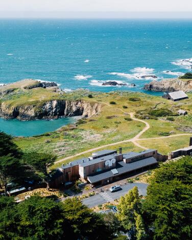 Aerial view of Sea Ranch Lodge and the coast. 