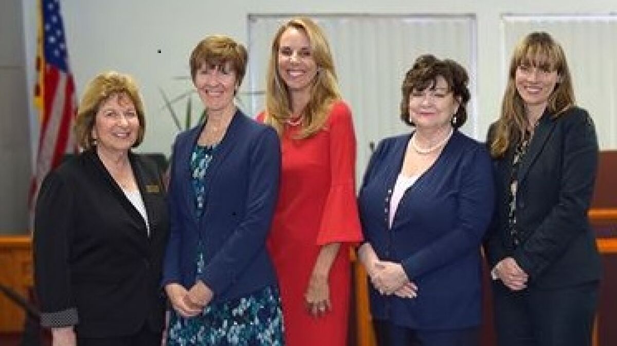 San Dieguito Union High School District Trustee Joyce Dalessandro, President Beth Hergesheimer, Clerk Melisse Mossy, Vice President Mo Muir and Trustee Kristin Gibson.