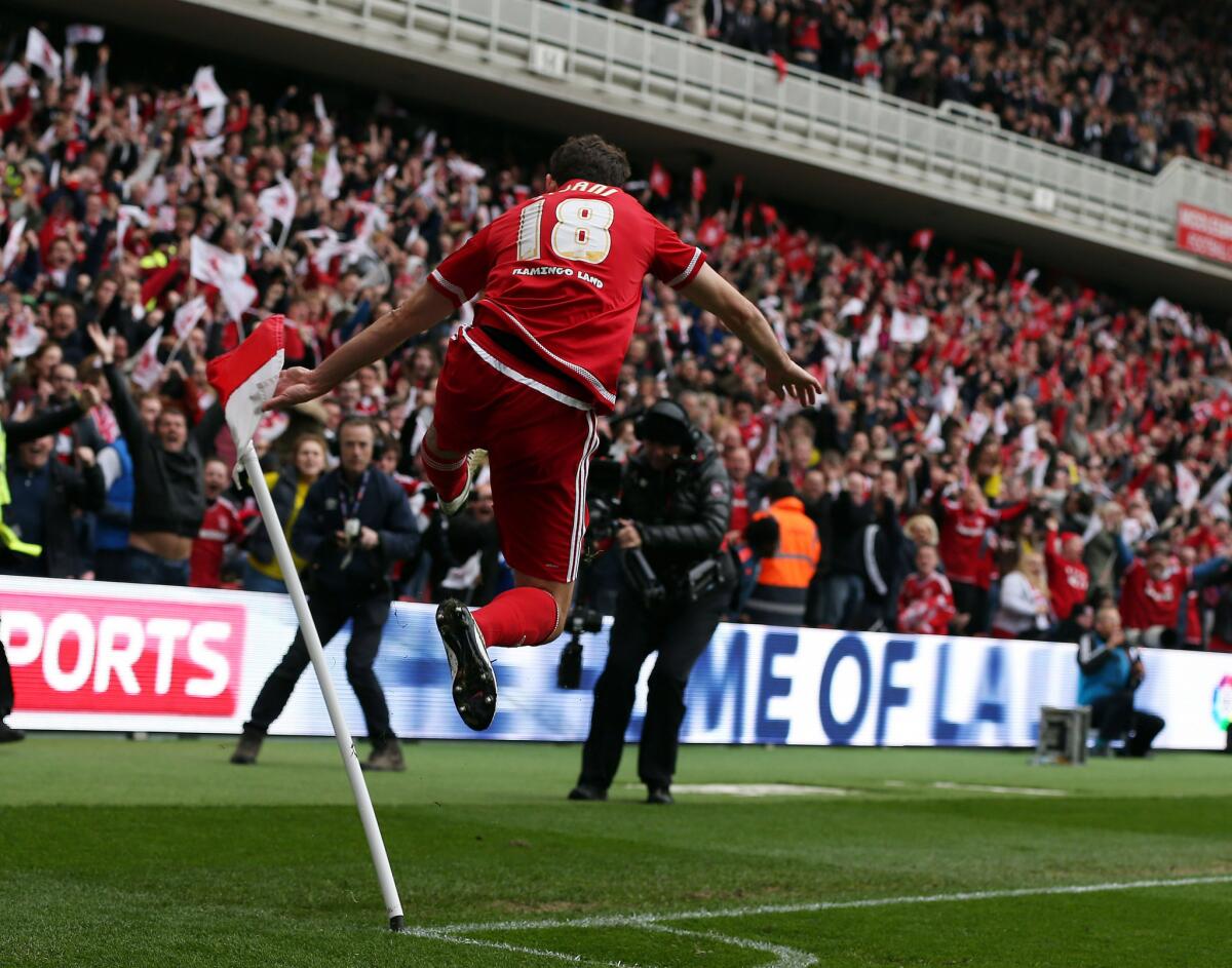 Cristhian Stuani of Middlesbrough reacts after scoring a goal against Brighton during a match on May 7.