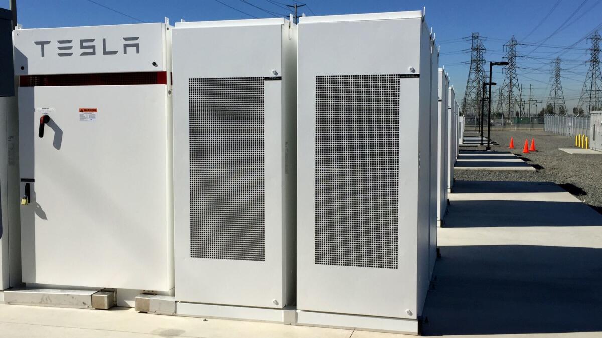 California regulators want Pacific Gas and Electric Co. to replace natural gas facilities with an energy storage system such as this Tesla battery bank in Ontario. The bank was installed in three months.