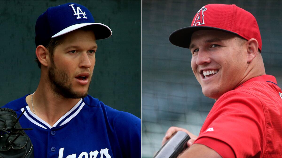 Dodgers ace Clayton Kershaw, left, and Angels slugger Mike Trout are among baseball's brightest young stars.