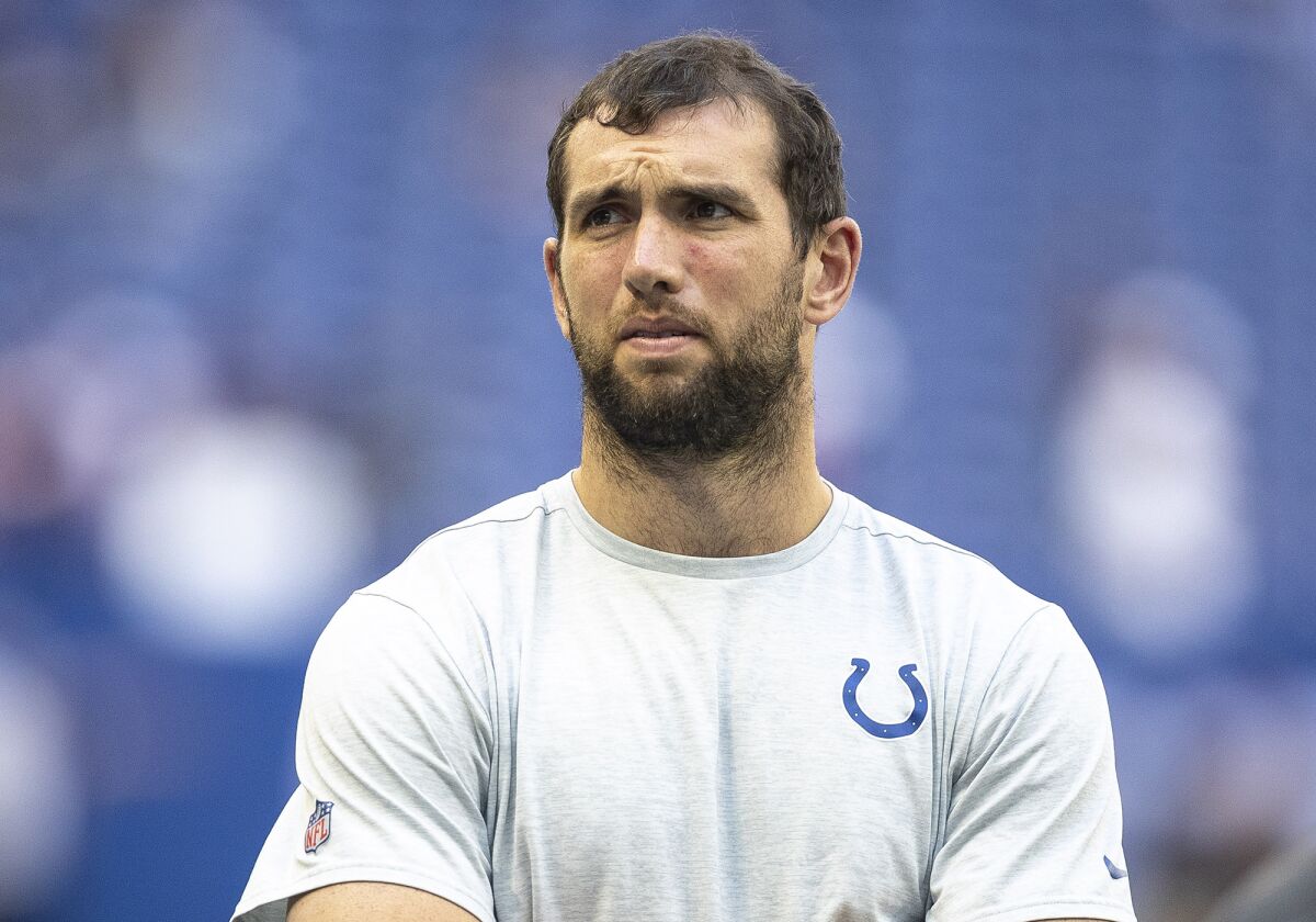 Indianapolis Colts quarterback Andrew Luck during pregame of a preseason game against the Chicago Bears on Saturday at Lucas Oil Stadium.