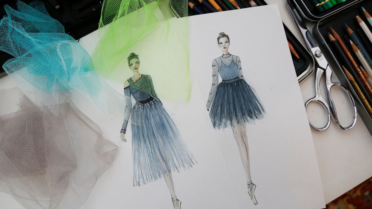 Drawings and fabric swatches for Bradon McDonald's latest creations for Jessica Lang Dance.
