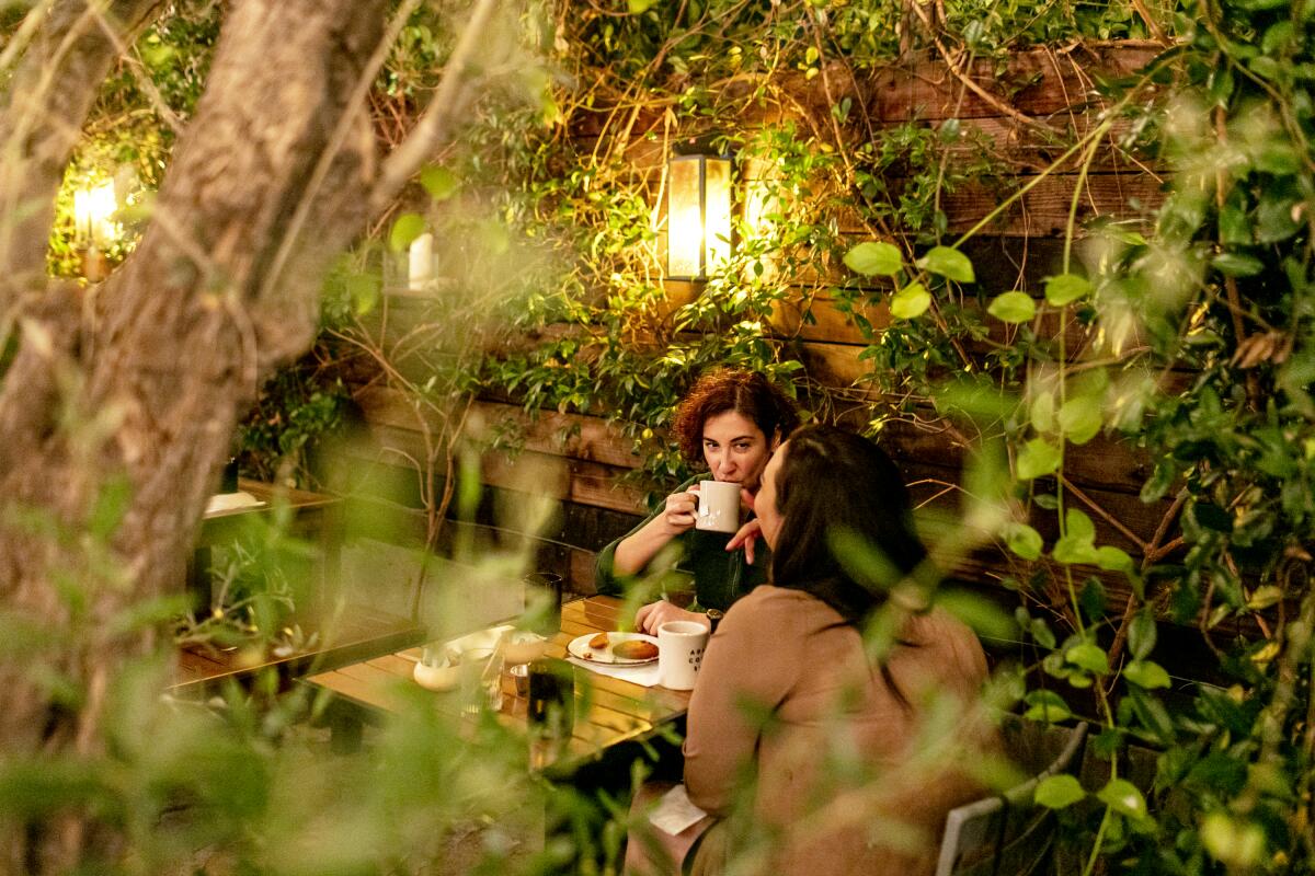 Customers enjoy the leafy and cozy back patio at a restaurant
