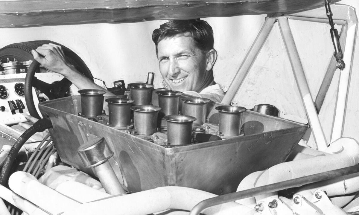 In October 1968, Dick Guldstrand sits in a new car created by Hans Adams that he planned to drive in the ninth annual Times Grand Prix for Sports Cars at Riverside International Raceway.