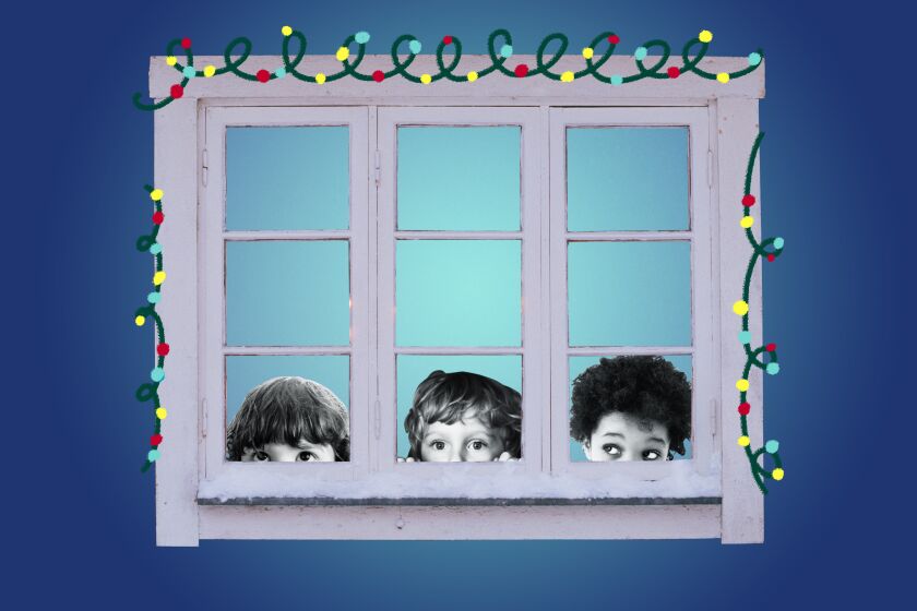 three children peaking out of a window