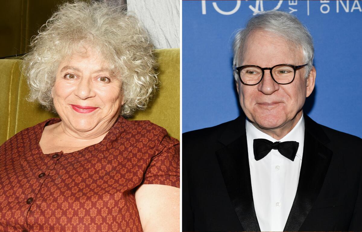 Separate photos of Miriam Margolyes seated in an orangey shirt and Steve Martin smirking in a tux