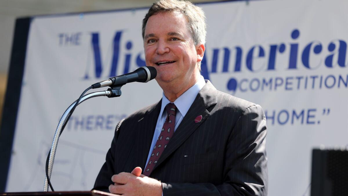 Sam Haskell, CEO of Miss America Organization, speaks during Miss America Pageant arrival ceremonies in Atlantic City, N.J., in 2016.