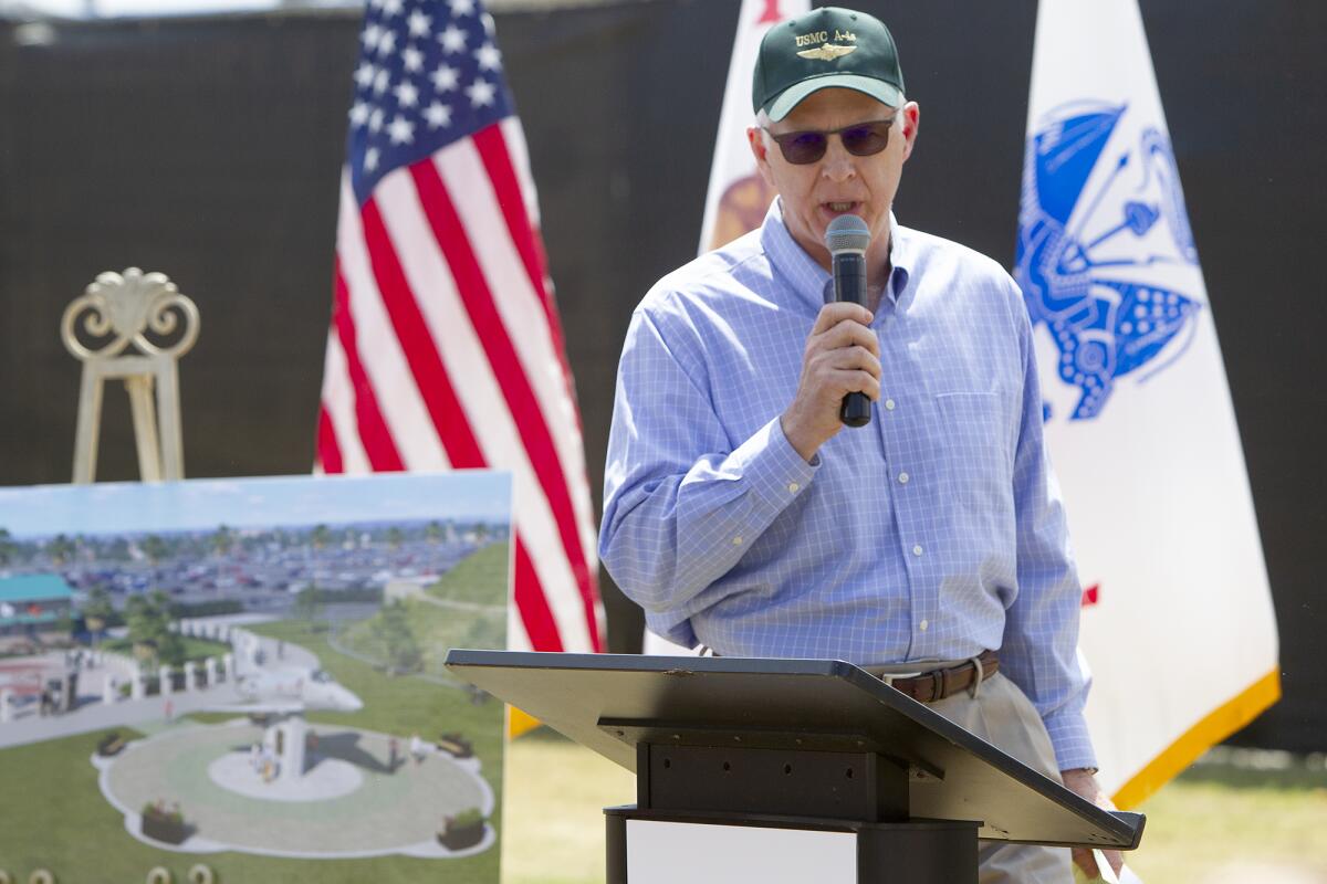 Kevin Donahue, a former A-4 Skyhawk pilot in the Marine Corps, speaks during Thursday's groundbreaking ceremony for the new site of a Skyhawk jet being moved from the Santa Ana Civic Center to Heroes Hall at the Orange County fairgrounds in Costa Mesa.