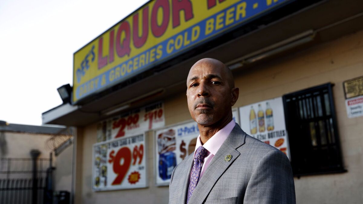 Virgil Grant, a Compton native and a leading cannabis entrepreneur, at Dee's Liquor Market, a store owned by his father.