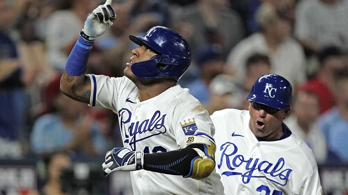 Kansas City, MO, USA. 16th Sep, 2021. Kansas City Royals Salvador Perez  (13) celebrates his league leading 45th homer at Kauffman Stadium in Kansas  City, MO. The A's defeated the Royals 7-2 .