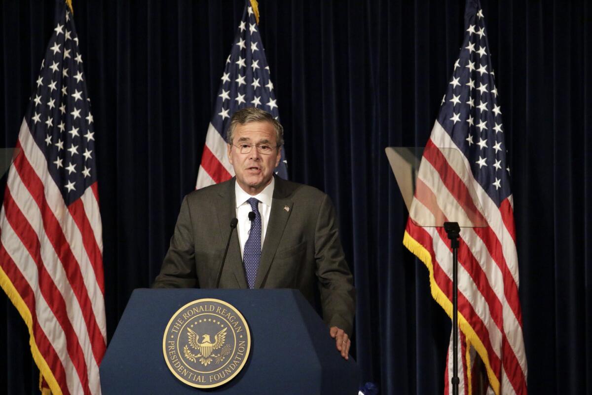 Republican presidential candidate Jeb Bush concentrated on foreign policy in his speech at the Ronald Reagan Presidential Library on Tuesday.