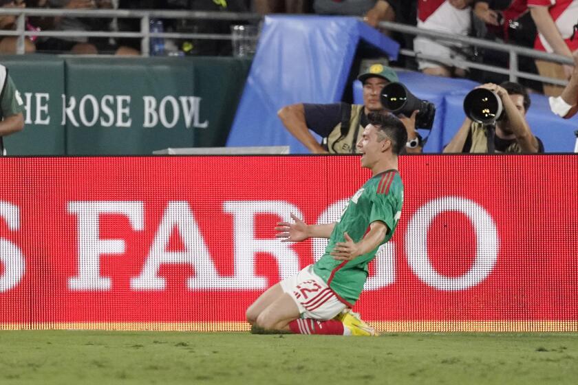 Mexico forward Hirving Lozano celebrates his goal during the second half of a soccer match against Peru Saturday, Sept. 24, 2022, in Pasadena, Calif. (AP Photo/Mark J. Terrill)