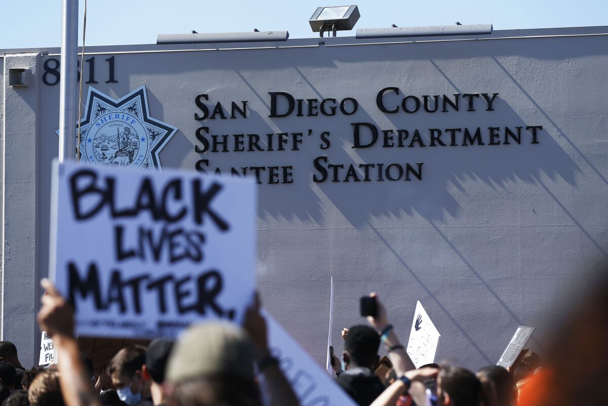 Black Lives Matter supporters rallied in June at the San Diego County Sheriff's Department Station in Santee.